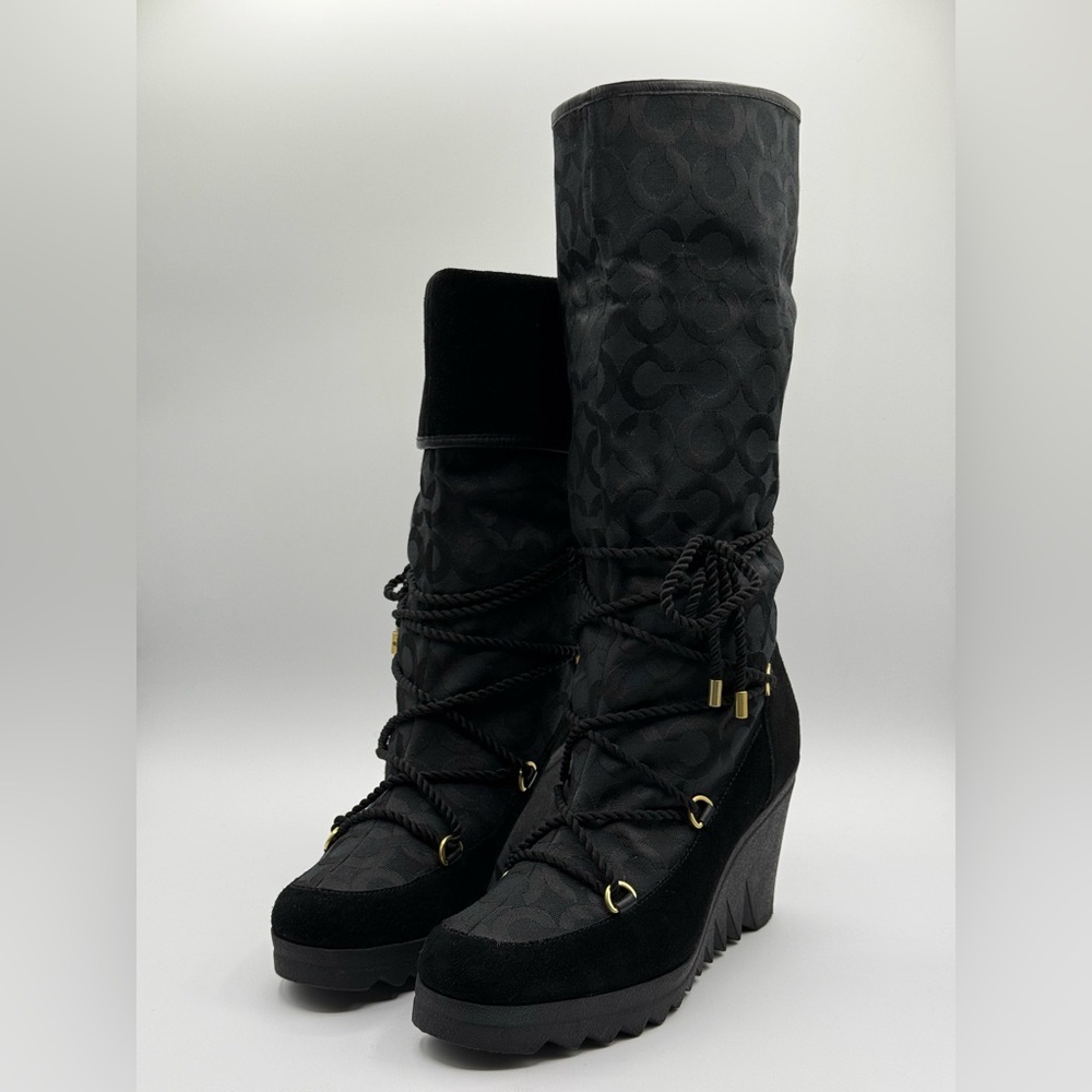 COACH Black Maisy Signature C Logo Monogram Wedge Boots Size 9.5 B - Picture 3 of 17